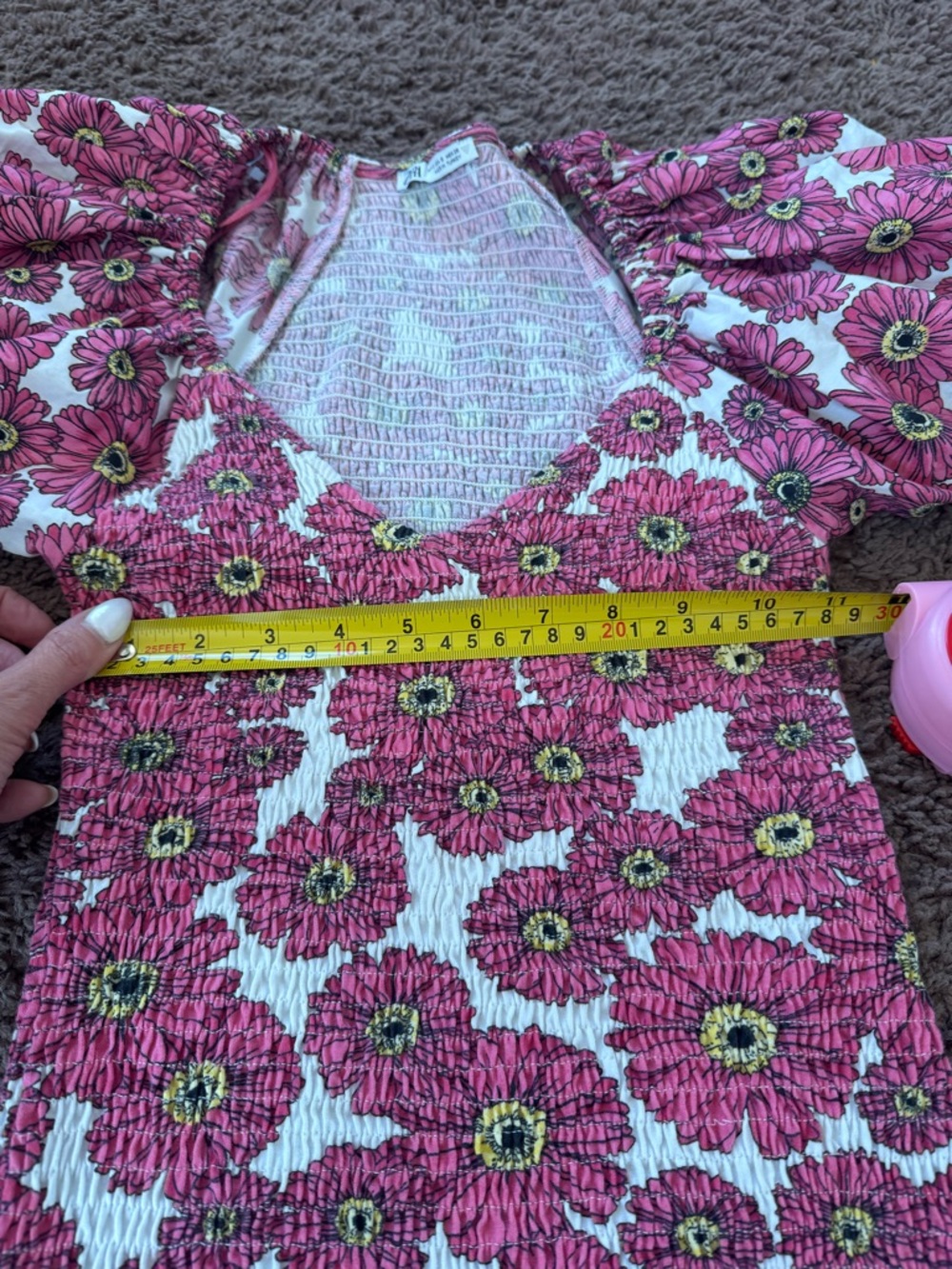 Zara Pink Floral Smocked Balloon Puff Sleeve Mini Dress Size S Small - Picture 9 of 9